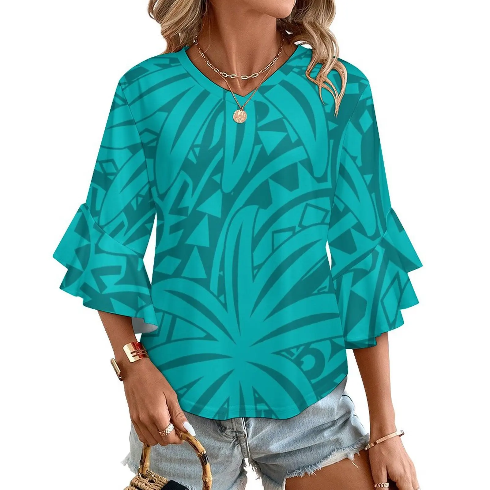 

Island V neck flutter sleeve top women Polynesian motifs customizable cruise dinner garden party breathable Fashion