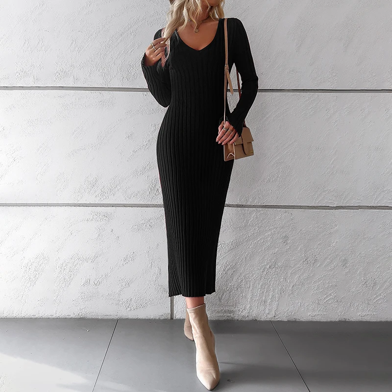 Fall Winter Women Sweater Dresses Vneck Long Flare Sleeve Knitted Rib Striped Back Bandage Bodycon Lady Elegant MIDI Black Dress