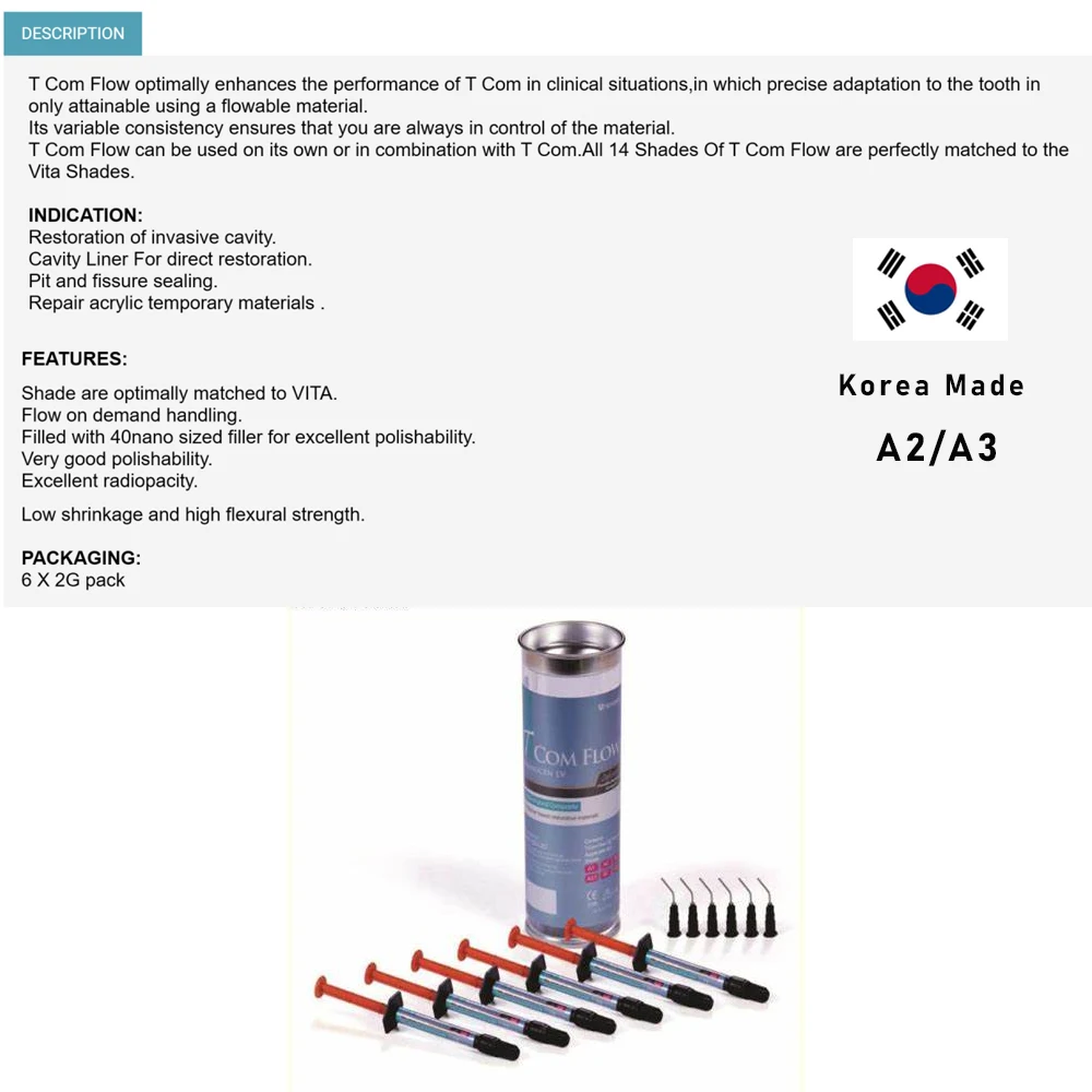 Bâle obio T Com Flow A2 A3, Remplissage Flowable Dentaire, Matériau Dominatif, Seringues 2x6, Caractéristique Hybride, Réparation des Dents, Dentiste Coréenne