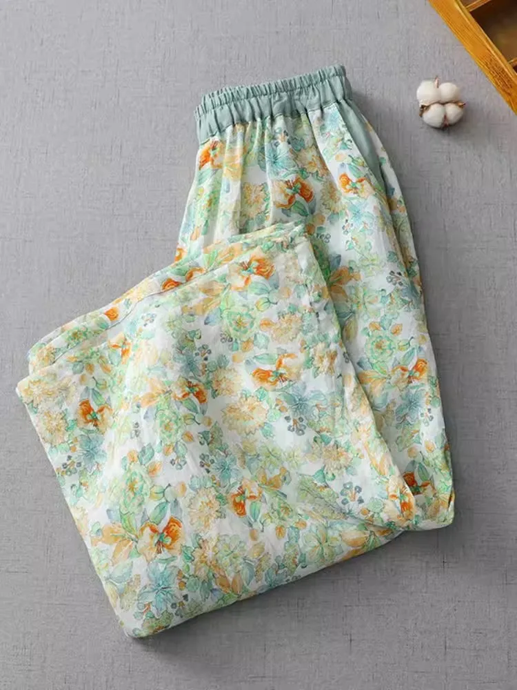 Floral Print Wide Leg Pants for Women 2024 New Summer Casual Loose Thin Straight Trousers Retro Literary Cool Harem Pants