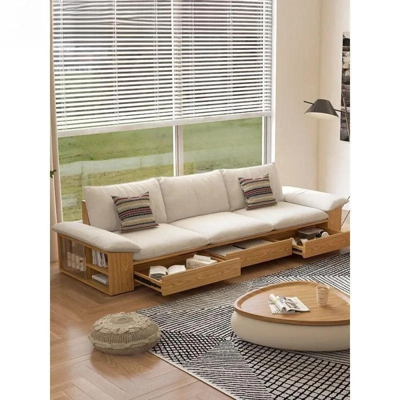 Primary color new Chinese solid wood sofa living room simple storage platform removable and washable fabric log wind