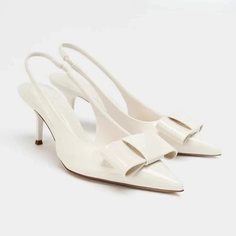 

Роскошные пикантные сандалии из лакированной кожи с острым носком на высоком каблуке, женские модельные туфли с открытой спиной и бантом, модные свадебные туфли-лодочки на каблуке