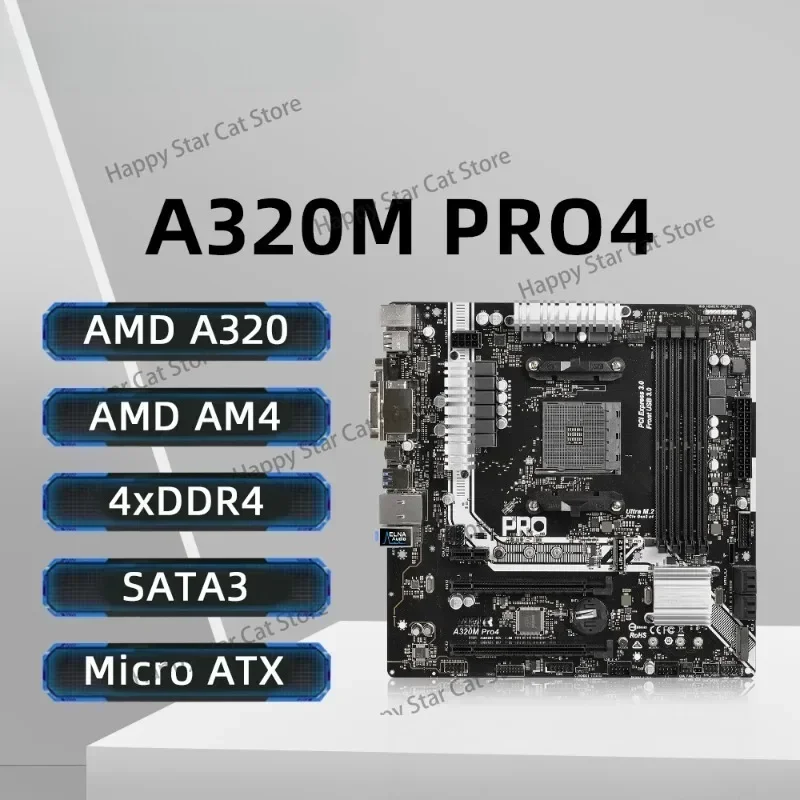 ASRock A320 Motherboard A320M PRO4 Mainboard with AMD A320 Socket AM4 for Ryzen 5 5600 DDR4 PCI-E3.0 M.2 MicroATX,100% Tested