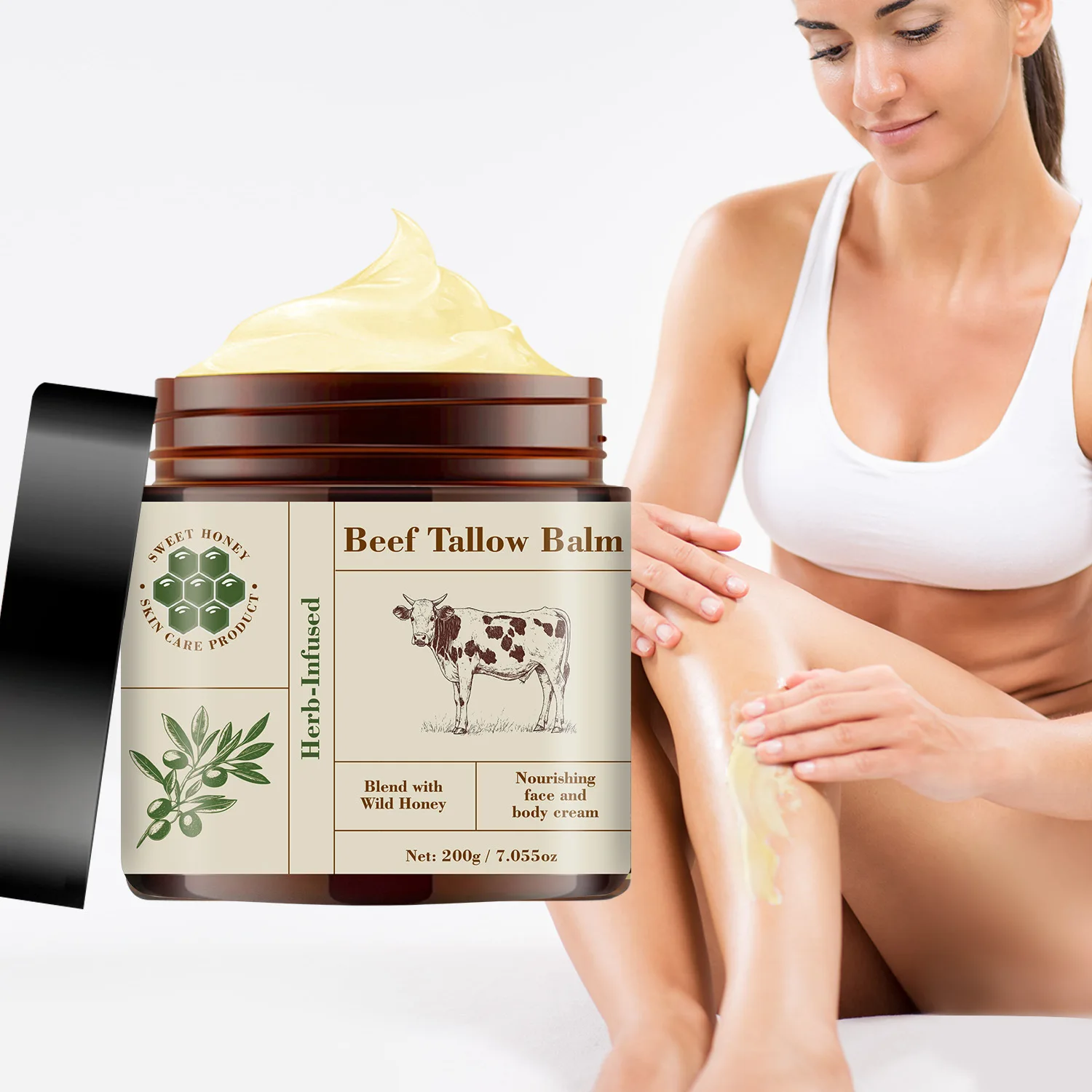 Herb-Infused Beef Tallow Balm - Nourishing Face & Body Cream with Wild Honey, Raw Beeswax & Olive Oil - Deep Hydration.