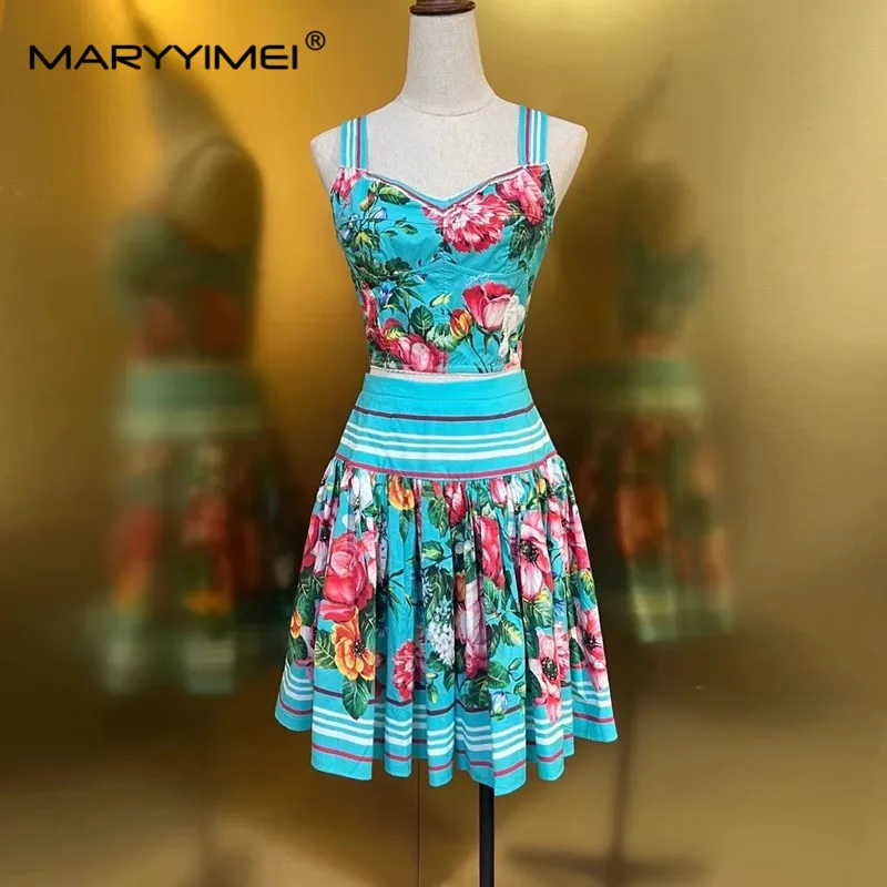 

MARYYIMEI Fashion Pure cotton Suit Summer Women's short Tops+Pleated Floral Print skirt Two-piece suit