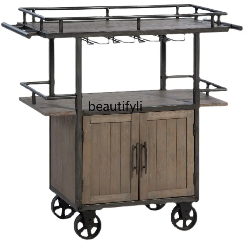 American Solid Wood Sideboard Mobile Retro Iron Art Kitchen Dining Cart Bar Trolley Drinks Trolley