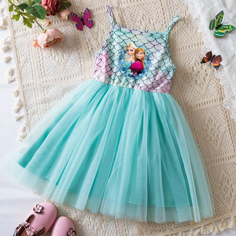 

Frozen Anna Elsa Kids Girls Princess Dresses Printed Cute Baby Clothes Cotton Sleeveless Sling Mermaid Dresses Birthday