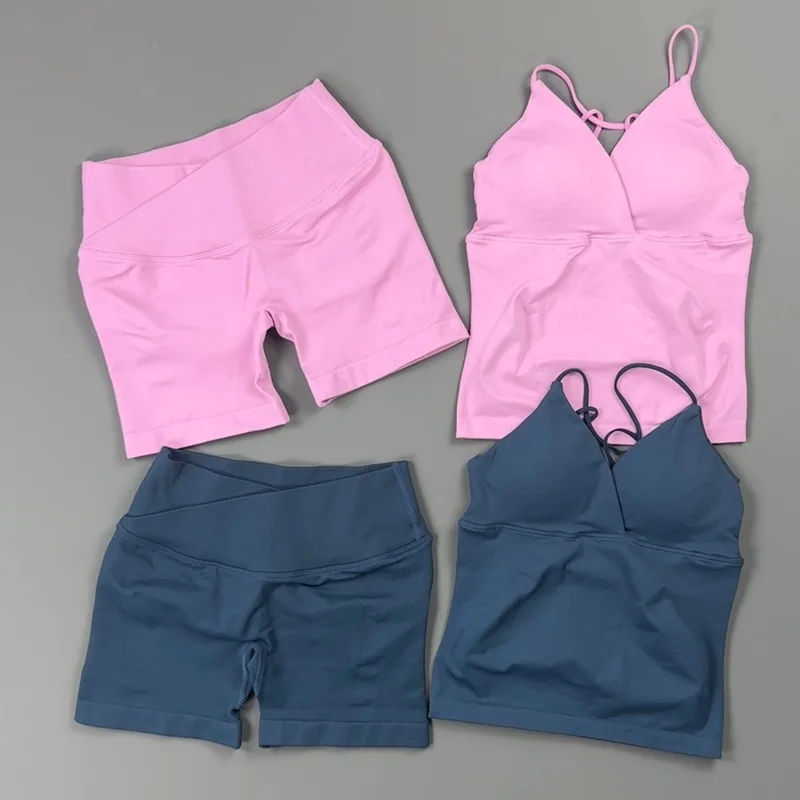 2 Pieces Yoga Set Women Back Longline Top Crossover Waist Scrunch Butt Biker Shorts Seamless Soft Pilates Gym Fitness Outfit