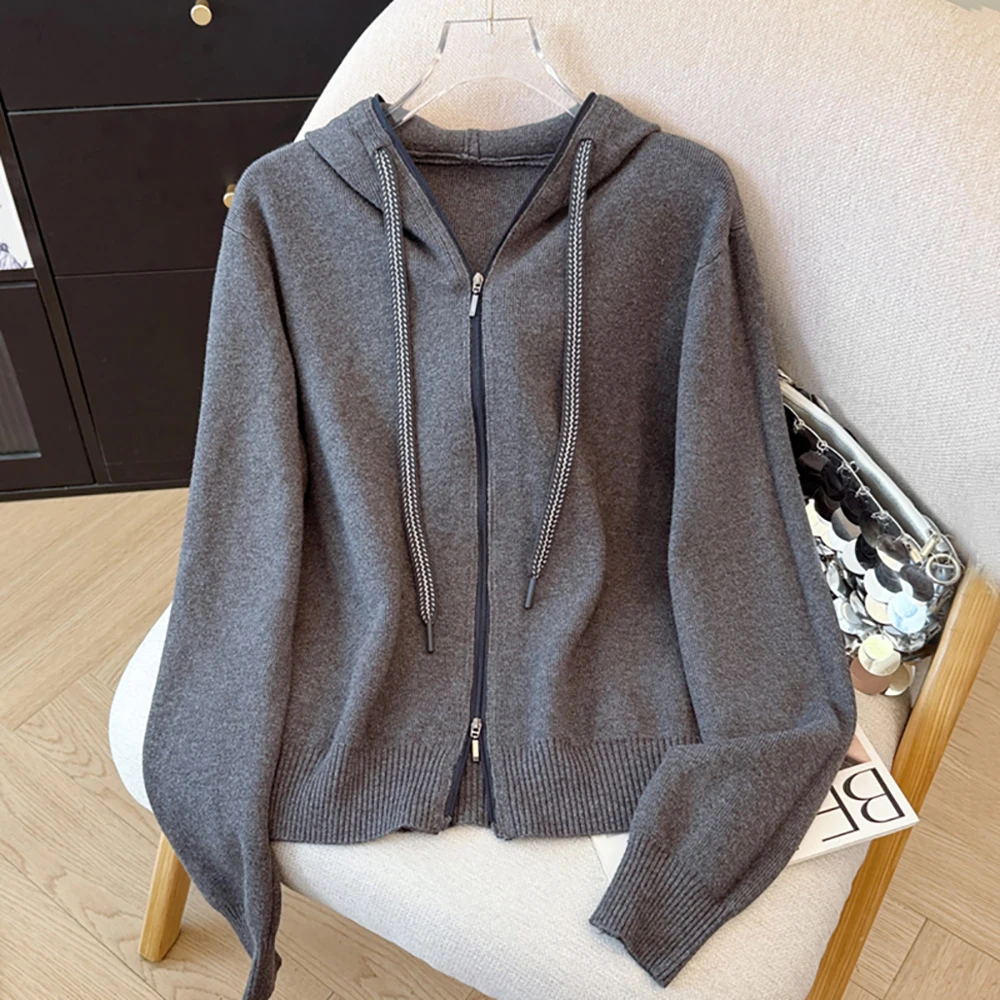 

Вязаные кардиганы с капюшоном и двойной молнией, женские осенне-зимние однотонные свободные свитера, верхняя одежда, мягкие теплые универсальные свитера