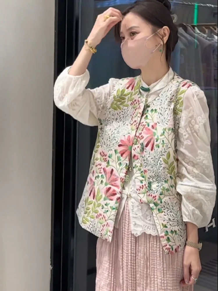 

New Chinese Sle Women's Vest Jaet Autumn 2025 Faionable Outerwear Anti-Aging Top Coat Floral Print round Ne Single Bu...