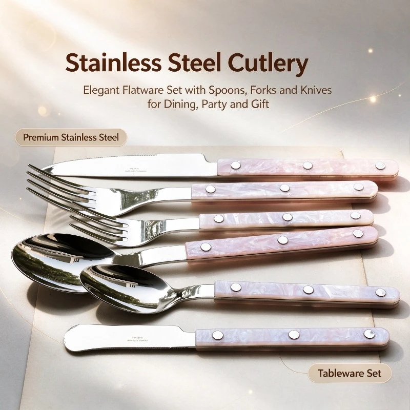 1PC Cherry Pink Flow Coating Stainless Steel Spoon Fork Retro Pastoral Tableware With Starry Oil Painting Design