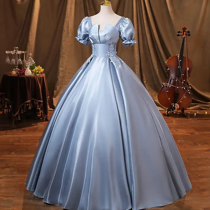 Blue Princess Quinceanera Dresses New Satin Vintage Puff Sleeves Ball Gown Dress Simple Sweet Vestido De Debutante Customized