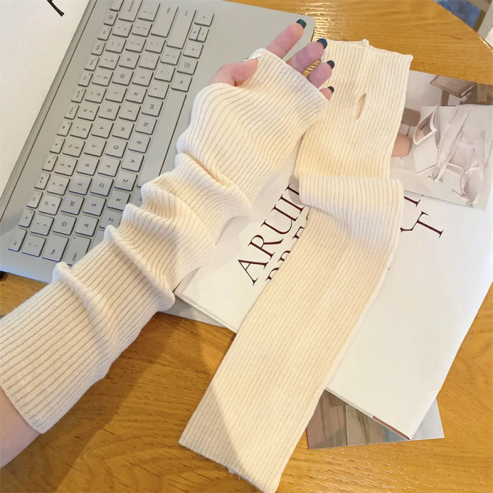 Women Winter Fashion Knitted Fingerless Gloves Soft Cotton Half Finger Mittens Thermal Arm Sleeves Touchscreen Casual Chic