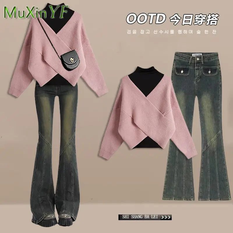 Women's Autumn Winter New Denim Pants Matching Set Korean Elegant Knitted Sweater+Bottom Shirt+Micro Flare Jeans 3 Piece Suit