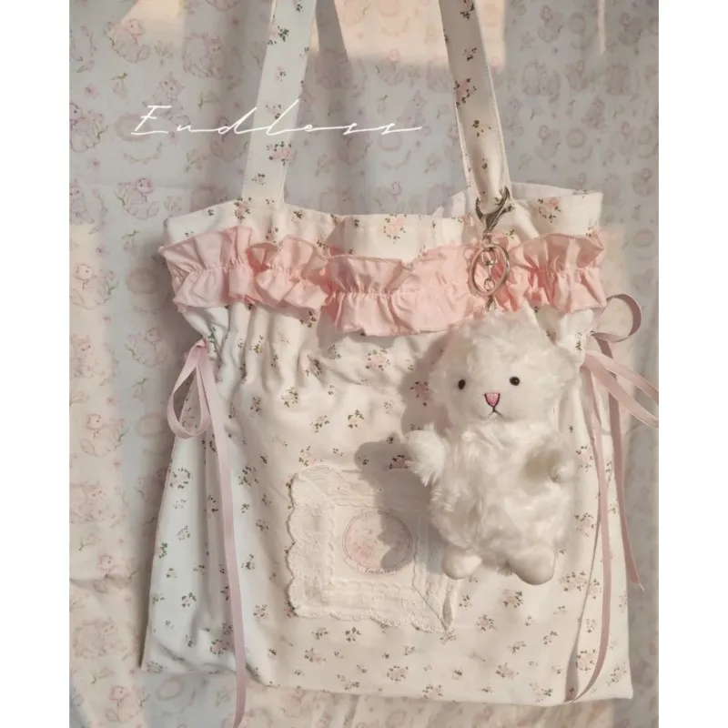 JIAERDI Fairycore Floral White Shoulder Bags Women Sweet Cute Drawstring Canvas Tote Bag Ladies Harajuku Aesthetic Handbag Y2k