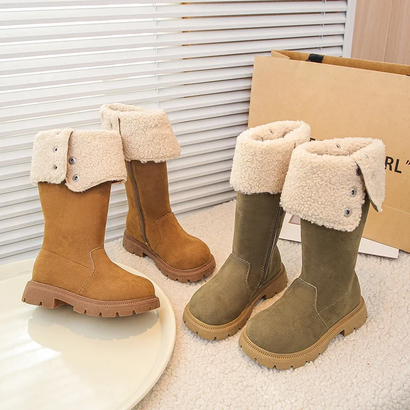 Girls Faux‑Suede Tall Winter Boots, Foldable Sherpa Cuff with Snaps Plush‑Lined Inner Zipper Thick Lug Sole Snow Boots