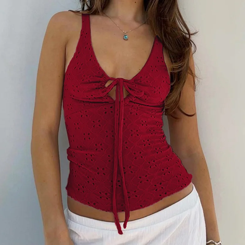 

Red Lace Up Cut Out Women’s Tanks Sleeveless Design V-Neck Backless Exquisite Blouses Summer Trendy New