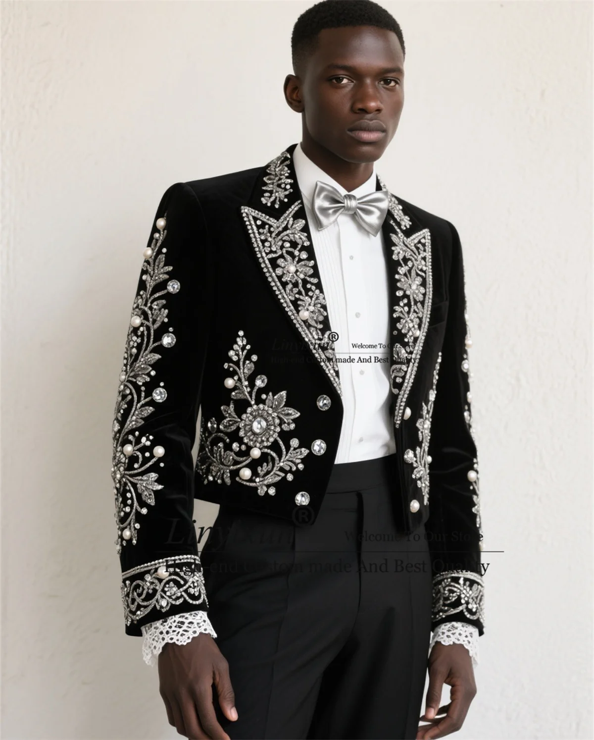 

Fashion Velvet Diamond Crystal Men Suits 2 Pieces Sets Groom Tuxedos Customized Slim Fit Wedding Party Prom Blazer Costume Homme