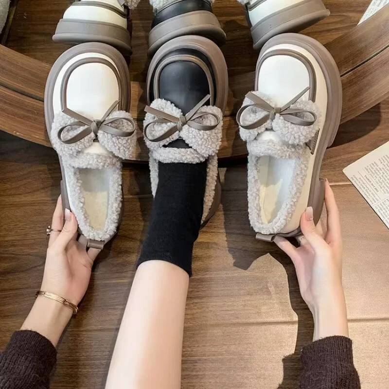 2025 Invierno Nueva plataforma japonesa para mujer Mary Janes - Lazo forrado de lana, zapatos de vestir con aumento (caliente)