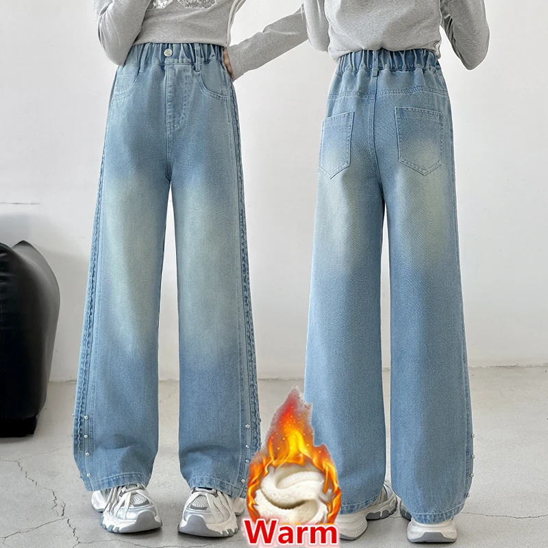 أنيقة فتاة الشتاء معزول الجينز مع ترصيع الاطفال الطفل فضفاض مستقيم دافئ صوف مبطن الضوء الأزرق الدنيم السراويل 5 6 8 10 12 14