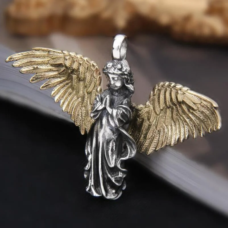 Vintage Gold color Wings Silver Color Angel Girl Distressed Pendant Necklace Charm Prayer Amulet Angel Girl Necklace