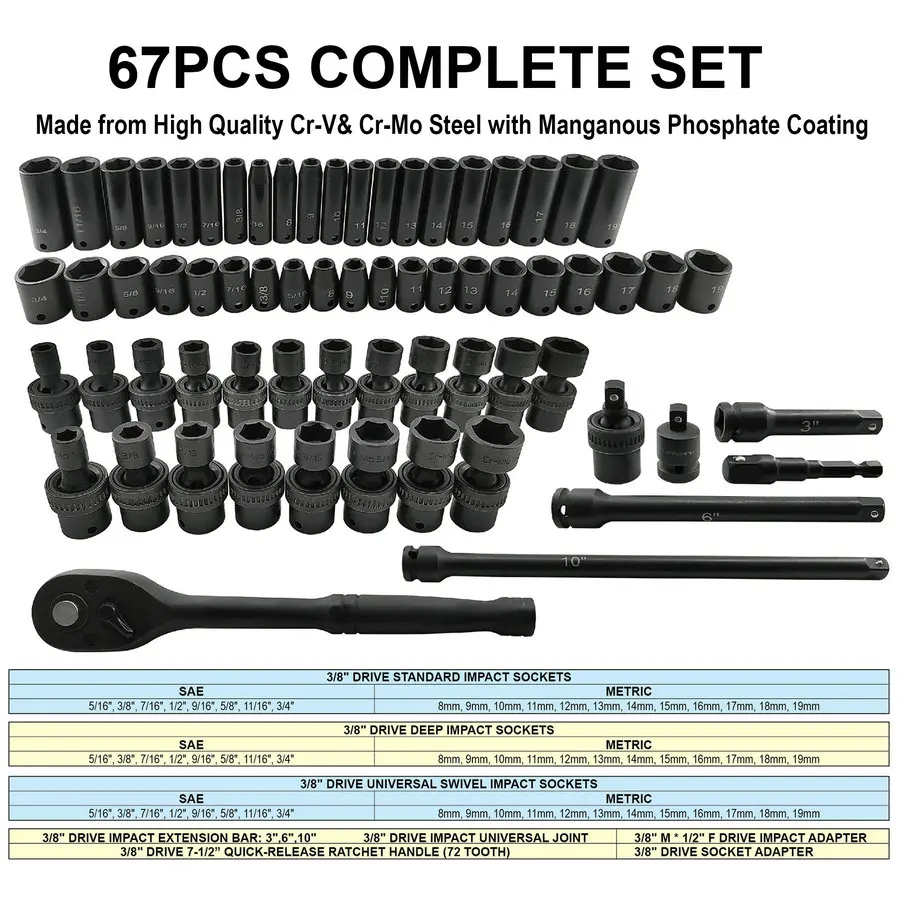 Macwork 67Pcs 3/8-Inch Drive Impact Socket Set Sae En Metrische Sockets CR-V & Cr-Mo Complete Socket Set W/Ondiep Diep & Sockets