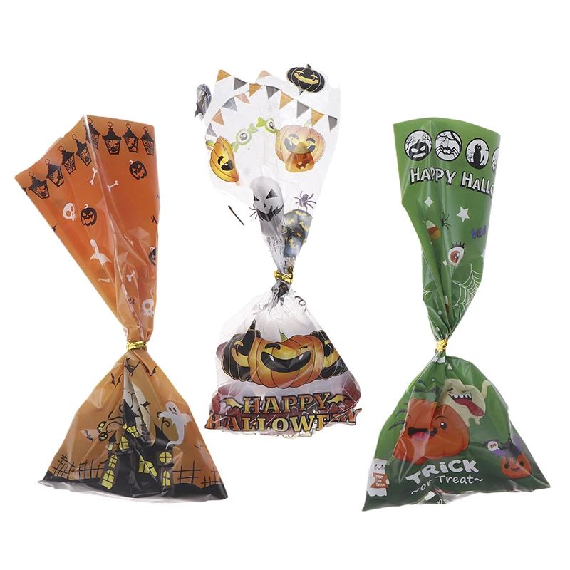 

50Pcs Halloween Gift Bags With Ties Pumpkin Ghost Bat Candy Cookie Bags For Kids Gift Packaging Bag Halloween Decoration