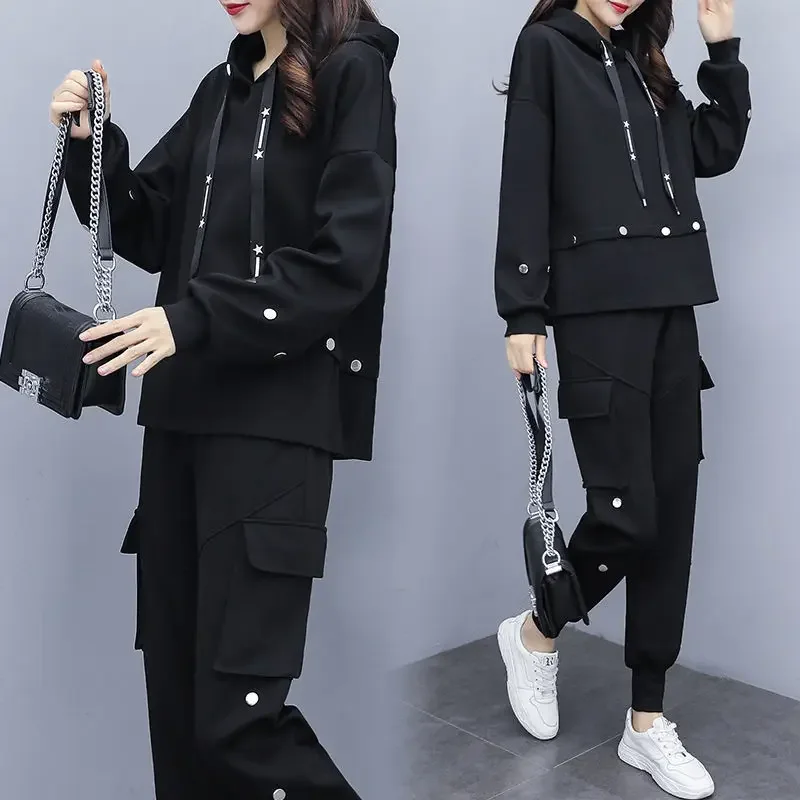 

Women's Black sports suit Large tracksuit Hooded T Shirt+pants two piece set Top And Pant Big clothes Matching Set L01