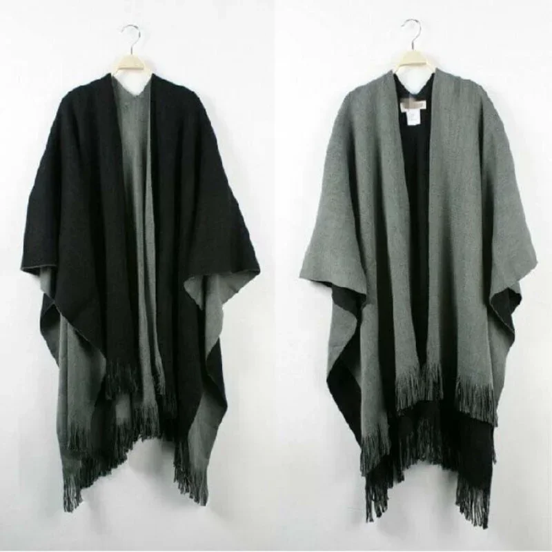 Women\'s Fashionable Print Shawl Cape Poncho with Double-sided Fringe Knit and Split Hem Capes & Ponchos Feminino Capes Q352