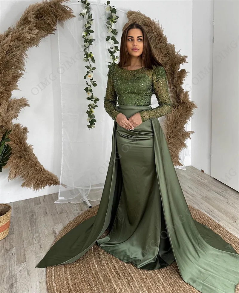 OIMG Saudi Arabic Green Shiny Evening Dresses O Neck Beads Sequins Queen Prom Gowns Elegant Formal Party Dress Vestidos 2023