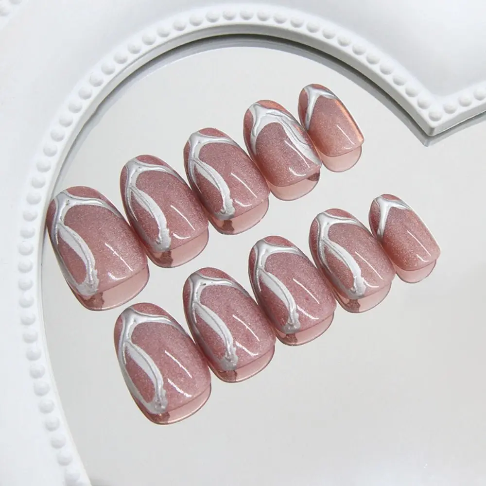 Faux ongles de manucure ovales courts, lignes métalliques irrégulières, paillettes, œil de chat, à pression, détachables, français, DIY, 24 pièces