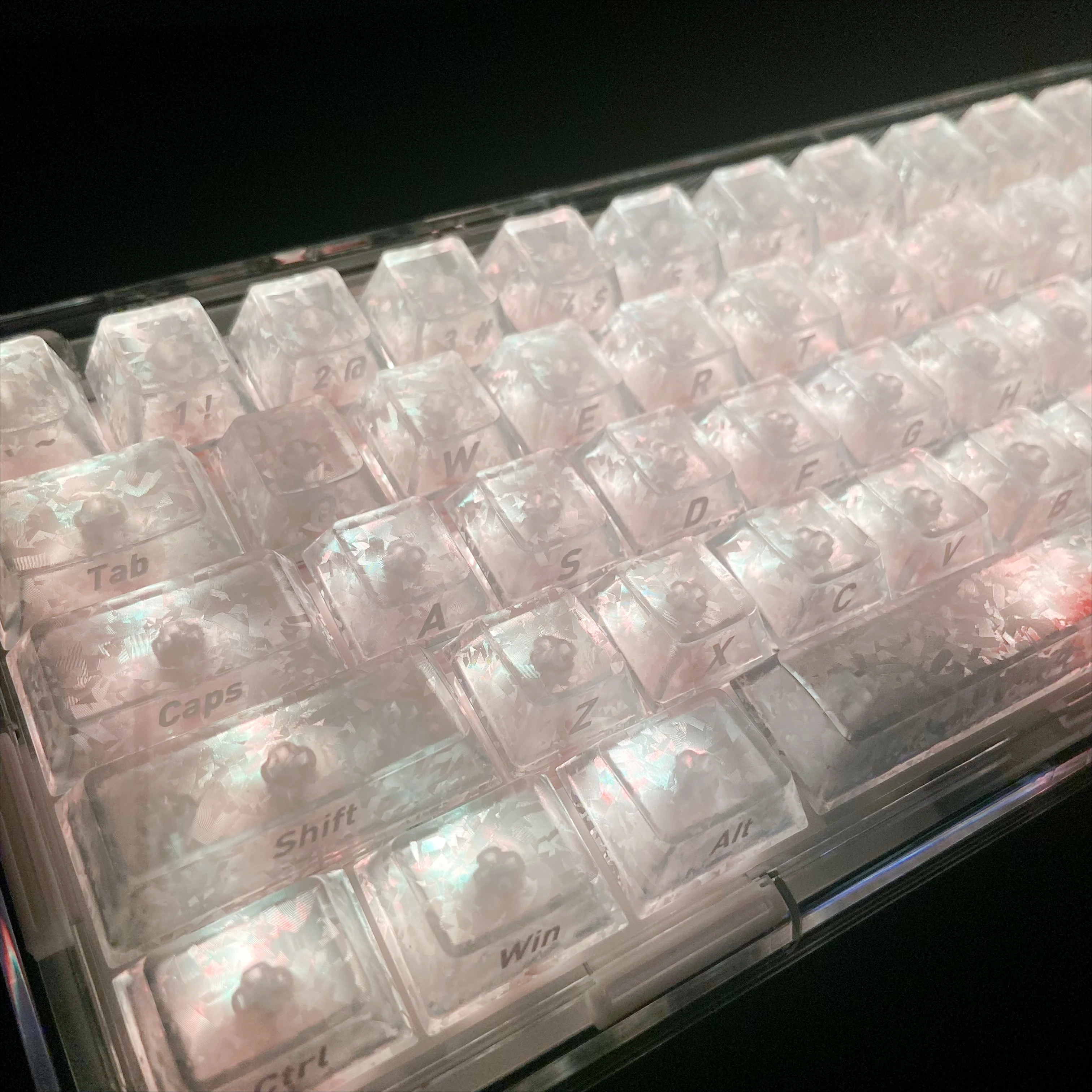 White Snowflakes Key Caps Imitation Carbon Fiber Side Printed PBT Transparent Keycap for Mechanical Keyboard 68 75 87 95 108