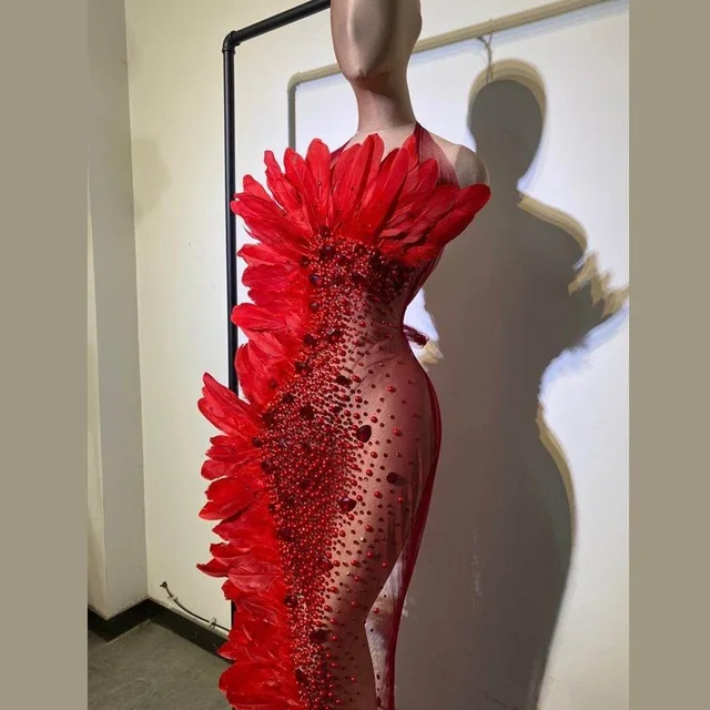 Vestido de baile de graduacin con diamantes de imitacin, malla de plumas transparente, largo