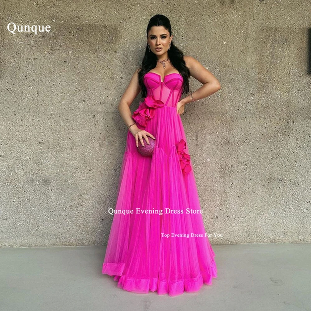 

Qunque Tulle Evening Dress 3D Flowers A Line Prom Dresses Fuchsia Party Gown for Women Formal Wedding Party Dress 2024 Vestidos