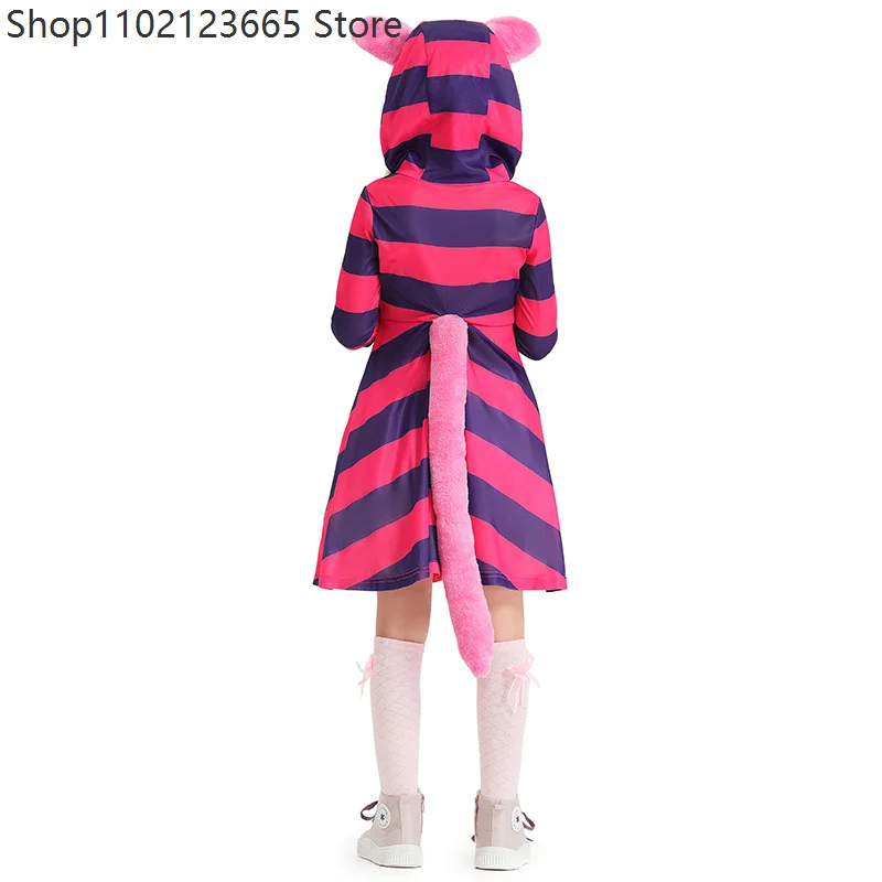 New Enfant Cheshire Cat Cosplay Costume Chicas Purple Striped Print Grinning Cat Dress Hallloween Purim Party Fancy Dress 2026