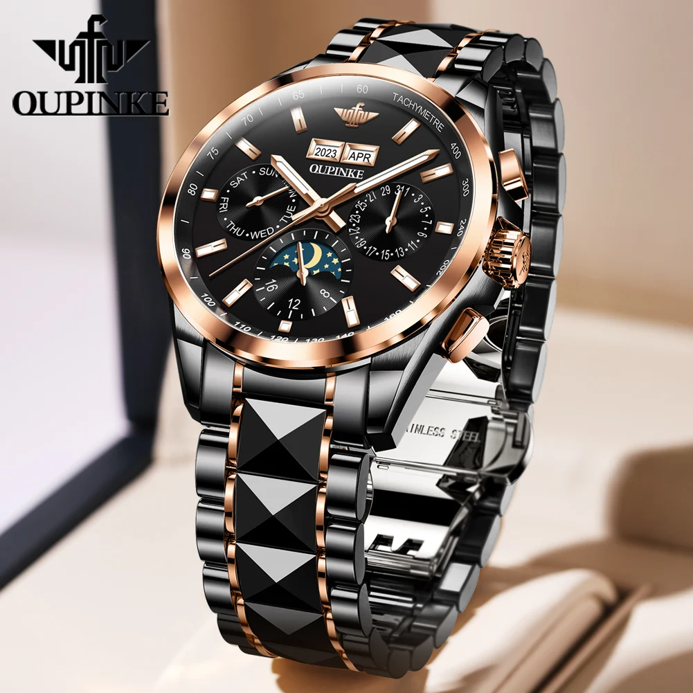 OUPINKE 3238 Moon Phase Mechanical Watch For Men Luxury Original Waterproof Wristwatch Top Brand Stainless Steel Man Watches