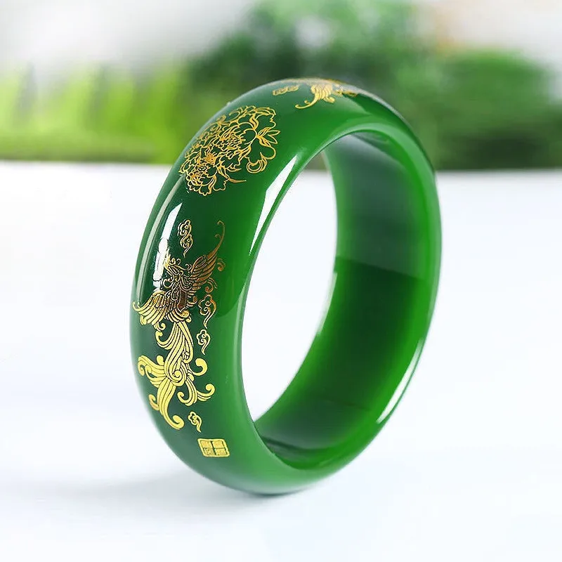 Natural Xinjiang Hotan Jade, Jasper, Gilded Flowers, Rich and Noble Bracelets, Women's Widened Phoenix Opera Peony Bracelets