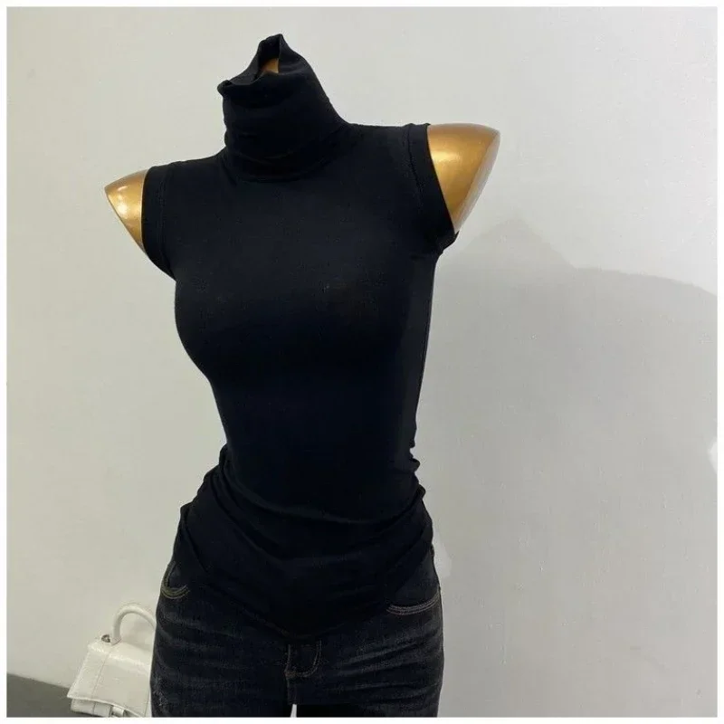 Wholesale New Base Slim T Shirts Women New Summer Crop Top Turtleneck High Strecth Sleeveless Basic Simple Skinny Solid T Shirt