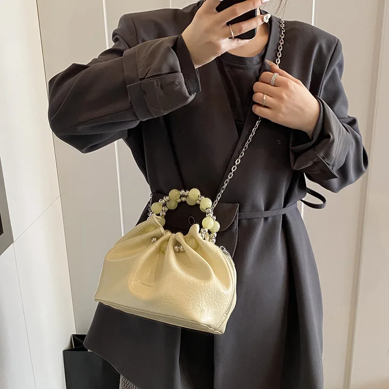 

PU Leather Chain Crossbody Bag Premium Folded Opening Design With Zipper Seal Women Trendy Single Shoulder Bags Beaded Handbag