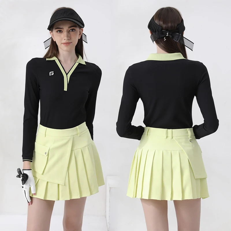 Golfist New Golf Women Slim Shirts Autumn Winter Long Sleeve V-Neck Top Ladies Pleats High Waist Skort A-Lined Pocket Golf Skirt