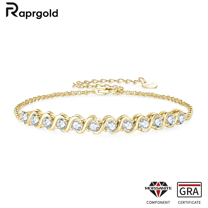 RAPRGOLD Full Moissanite Bracelet for Women S925 Sterling Silver Adjustable Bracelets Chain Wedding Party Jewelry Gifts pulseras