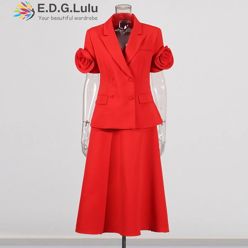 EDGLuLu 2 Piece Sets Women Outfit Turn-Down Collar 3d Flower Splicing Suit Jacket+High Waisted Loose A-Line Skirt Red Suit 0111