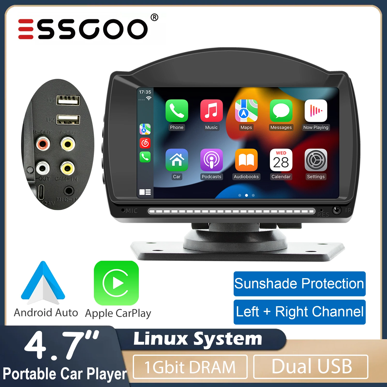 

ESSGOO 4.7” Wireless Carplay Dashboard Monitor Universal Car Radio Multimedia MP5 Player WIFI Dual USB AUX FM Car Autoradio