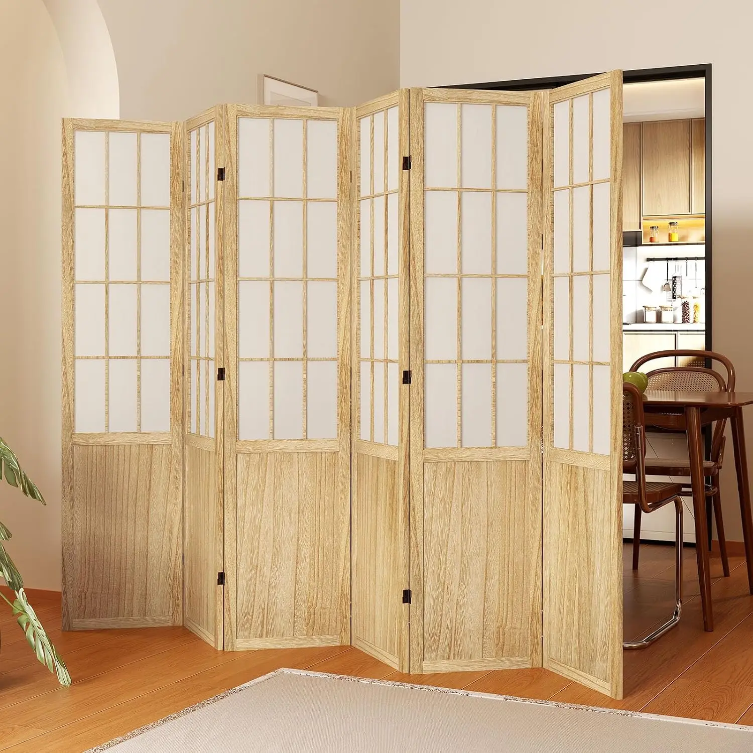 Japanese Shoji Style Folding Wood Room Divider with Double Hinges for Home Office Bedroom Hotel, 66.9Inch Tall 6 Panels Natural,
