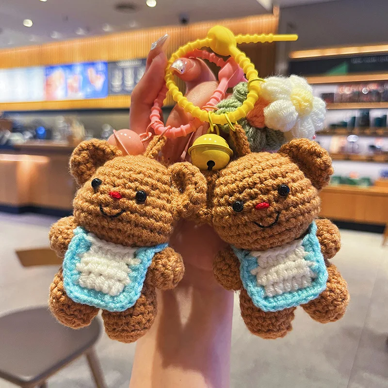 Bear Backpack Keychains Cartoon Knitted Doll Toys Handmade Crochet Keychain Portable Crochet Bear Bag Charm Key Chain Pendant