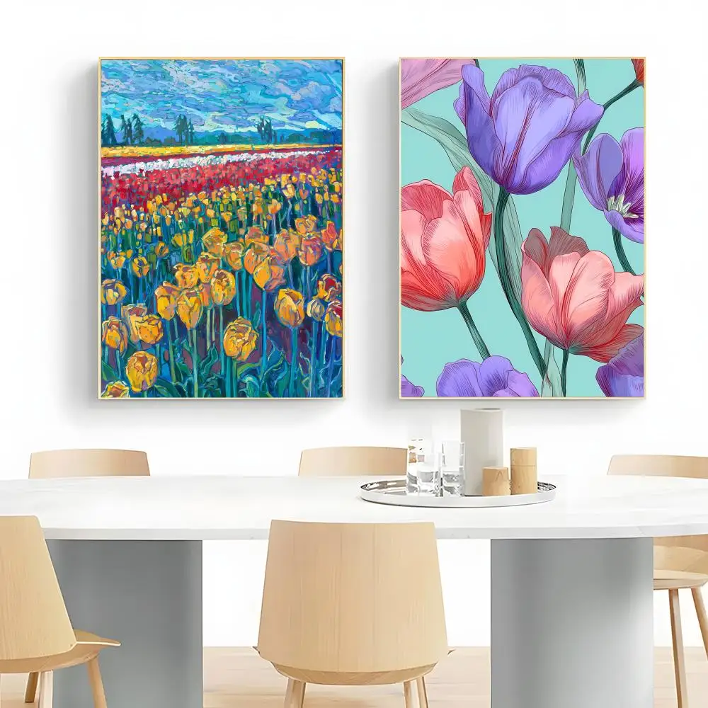 Casual Elegant Delicate Colorful Pink Tulips Poster Wall Art Print Decorative Mural Home Decor Gift Unframed