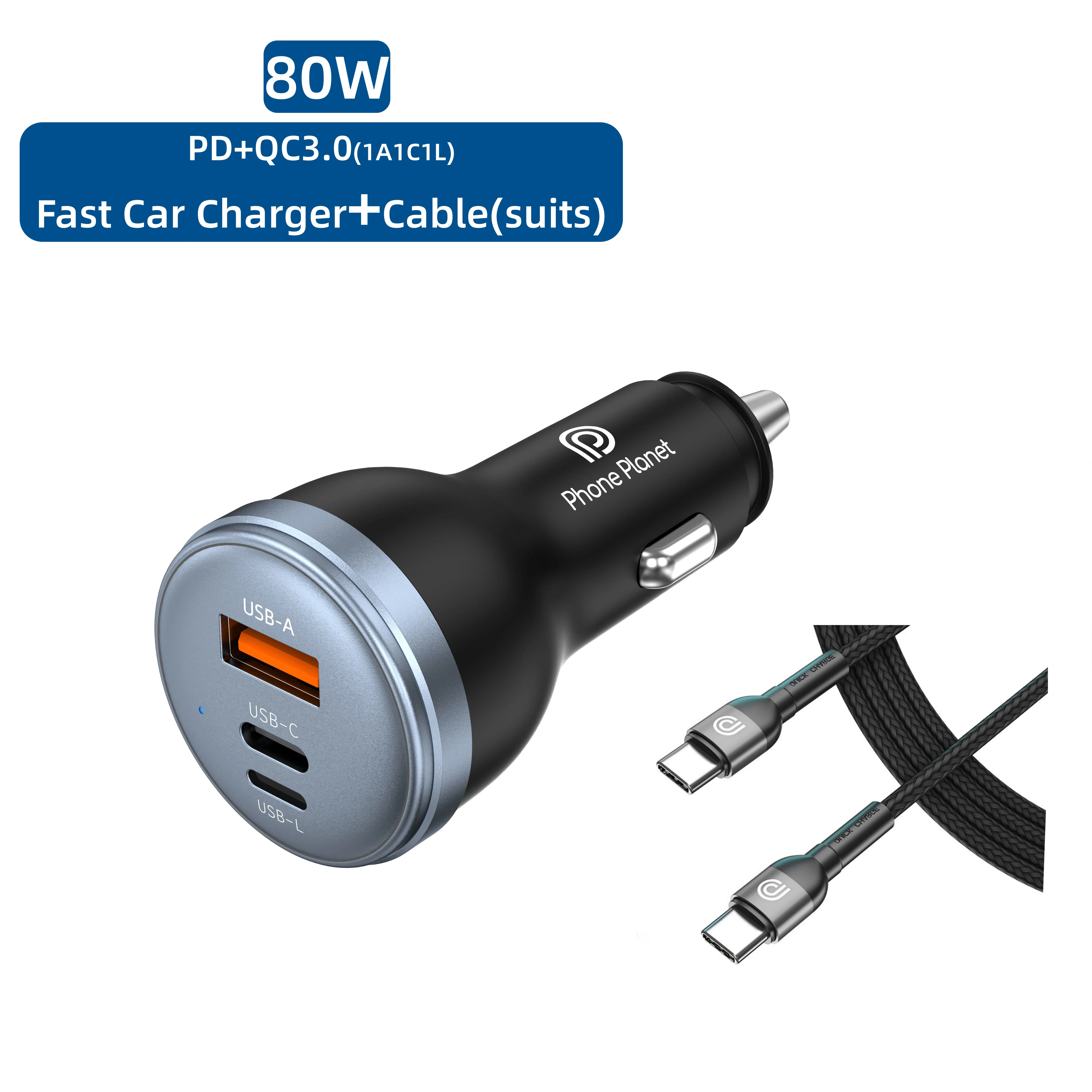 80W/60W Car Fast Charger 3 Ports(1A1C1L) Multi-purpose Car Adapter For IPhone17 16 15 Samsung Xiaomi Huawei Ipad Tablet Recorder