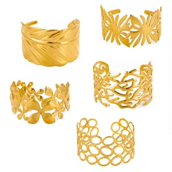 Stylish botanical leaf style exaggerated element bracelet, stainless steel, wide-sided opening adjustable bracelet
