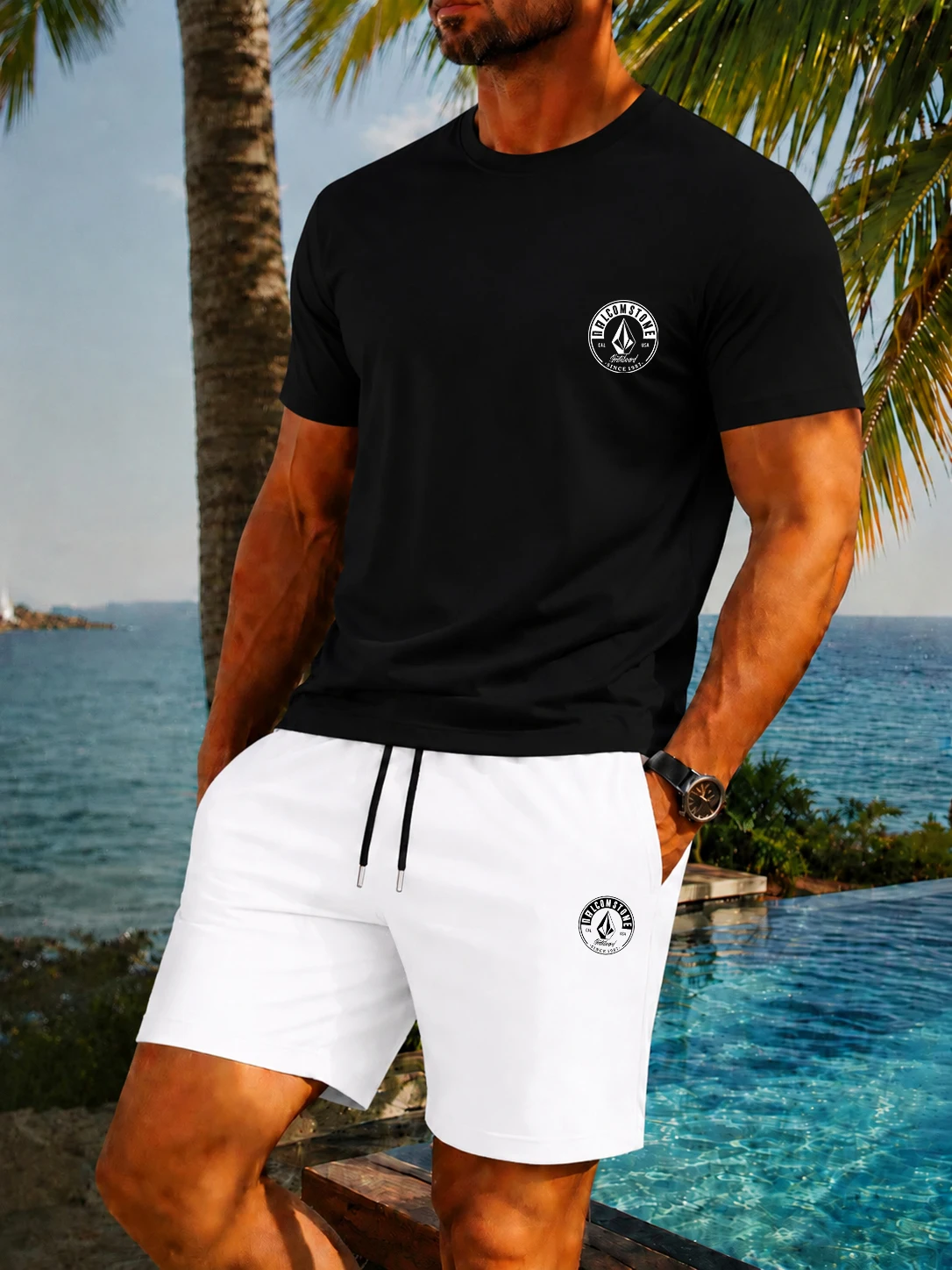 Conjunto de Camiseta y Pantalones Cortos Transpirables para Hombre, Diseño Vintage con Logotipo Circular, Ropa Deportiva de Secado Rápido para Surf, Piscina, Aire Libre y Uso Diario, Novedad 2026
