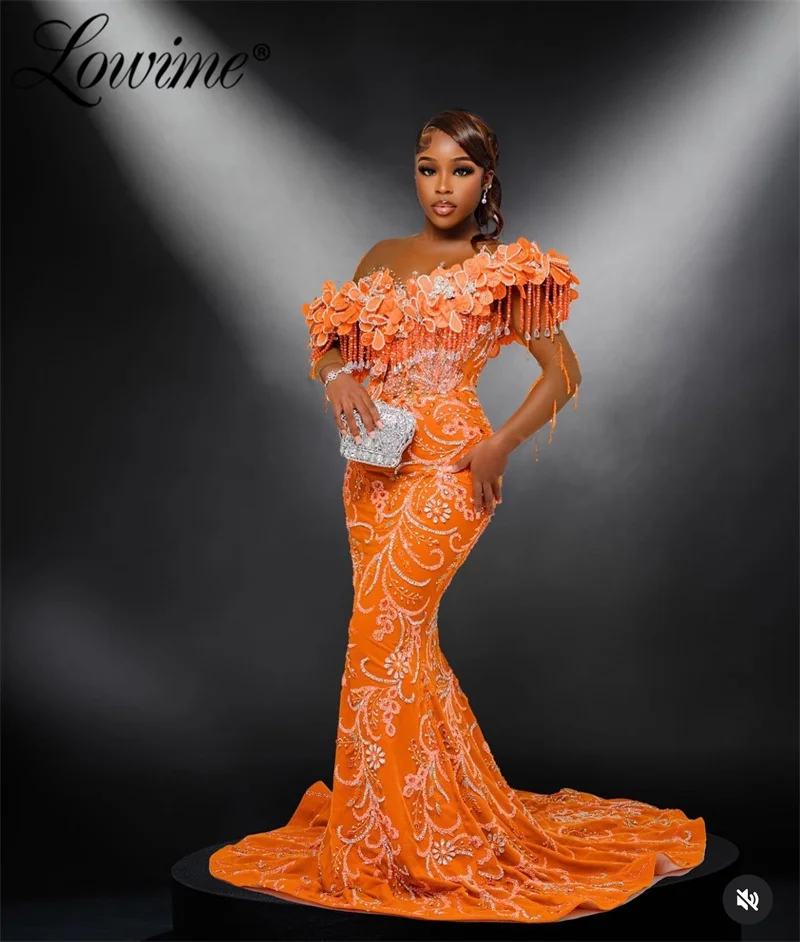 Elegante Oranje Zeemeermin Galajurken 2025, Plus Size Aangepaste Afrikaanse Avondjurken 3D Leafs Ontwerp Arabische Bruiloft Jurk